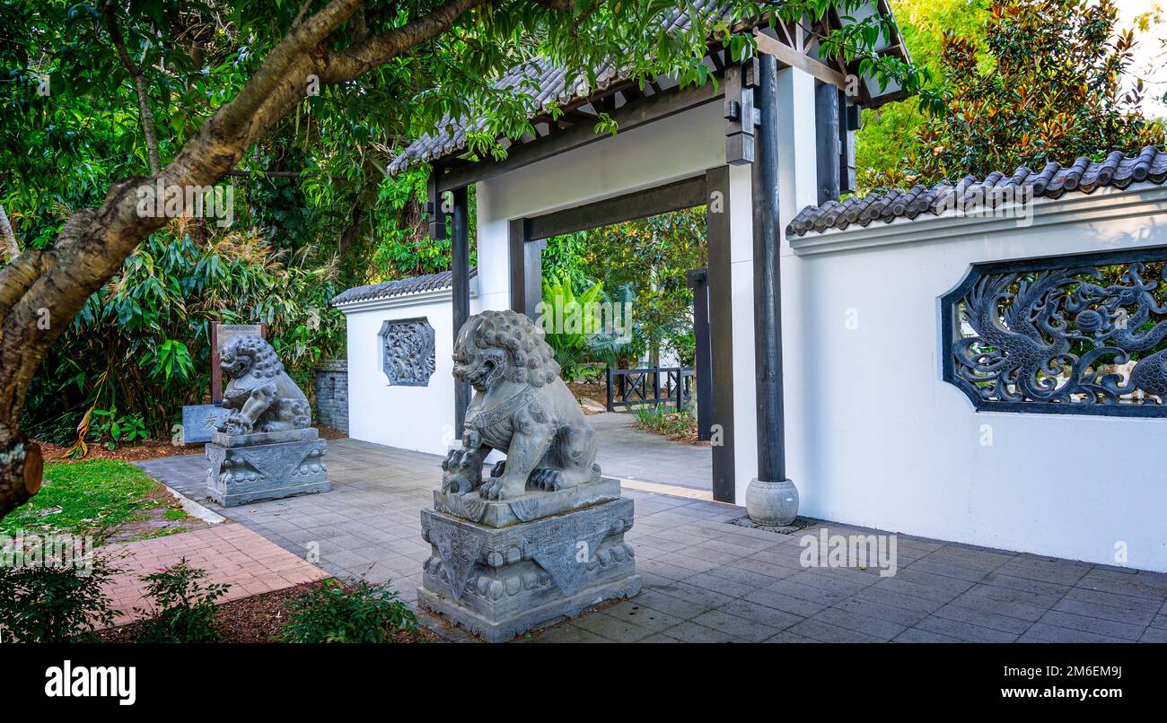 Chinese guardian lions at entrance to Hervey Bay Chinese Garden, Hervey Bay Botanical Garden, Urangan Hervey Bay Queensland Australia Stock Photo