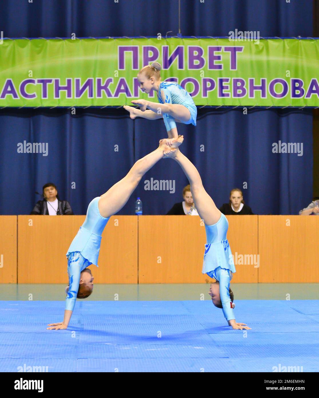 Orenburg, Russia, 26-27 May 2017 years: girl compete in sports acrobatics at the Open Championship O Stock Photo