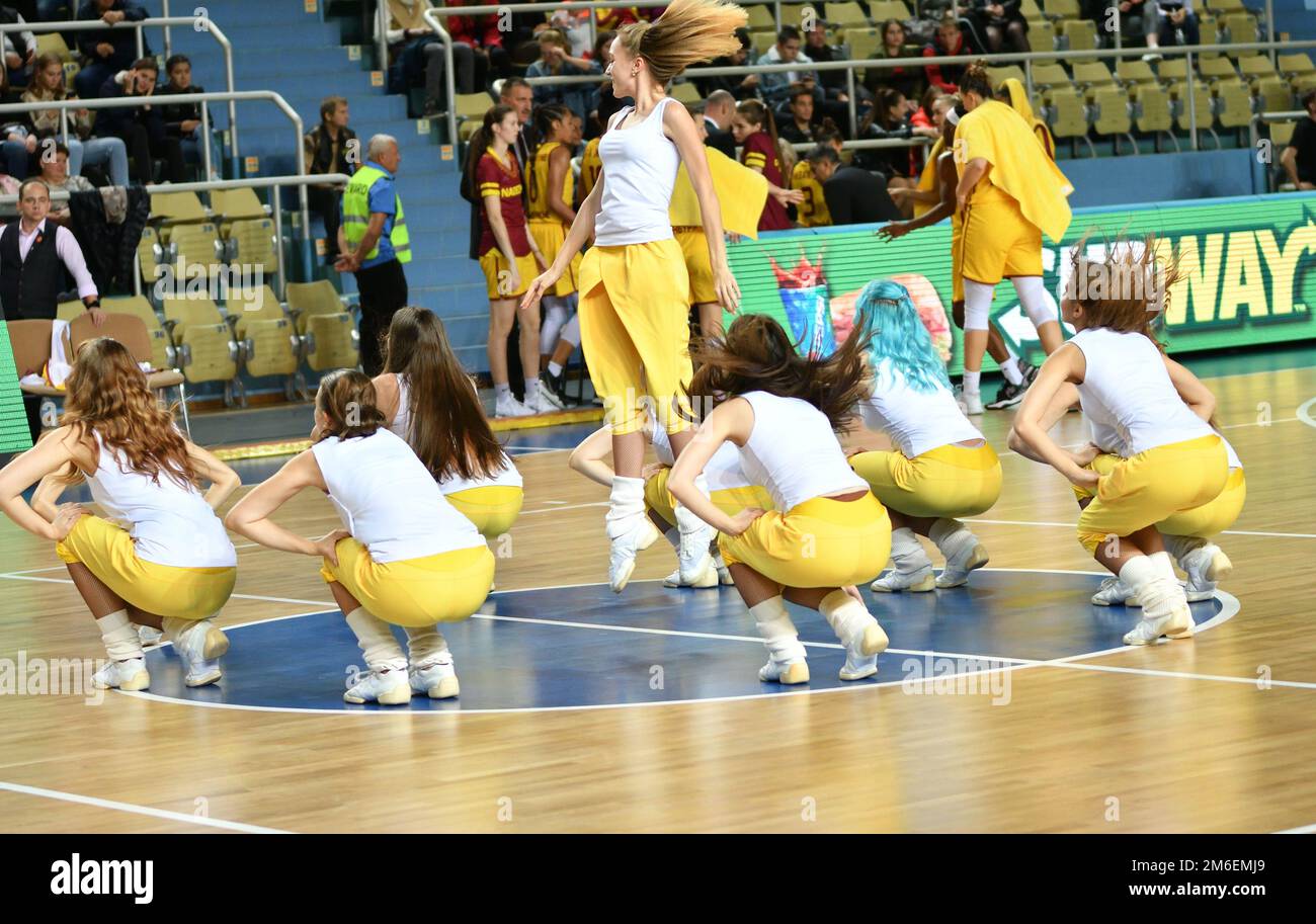 Orenburg, Russia - October 3, 2019: girls cheerleading perform at a basketball game in the match of Stock Photo