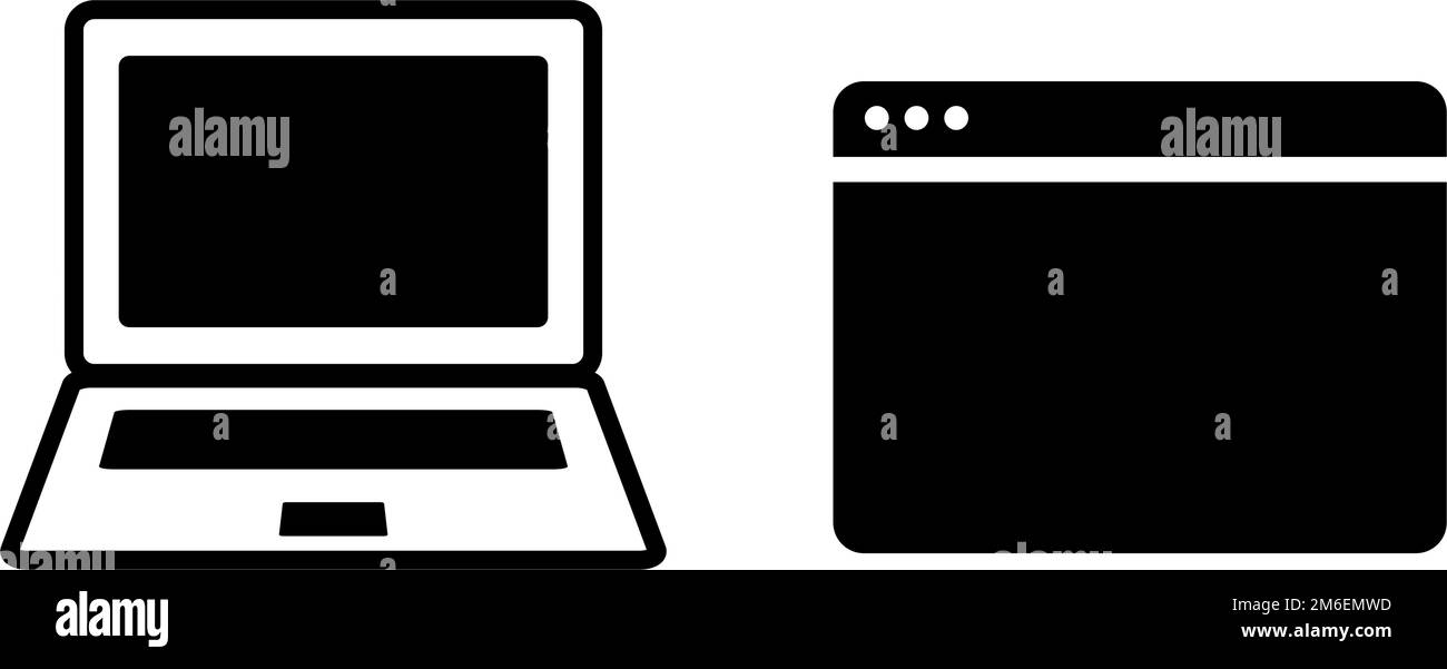 Laptop computer and browser window silhouette icon set. Editable vector. Stock Vector