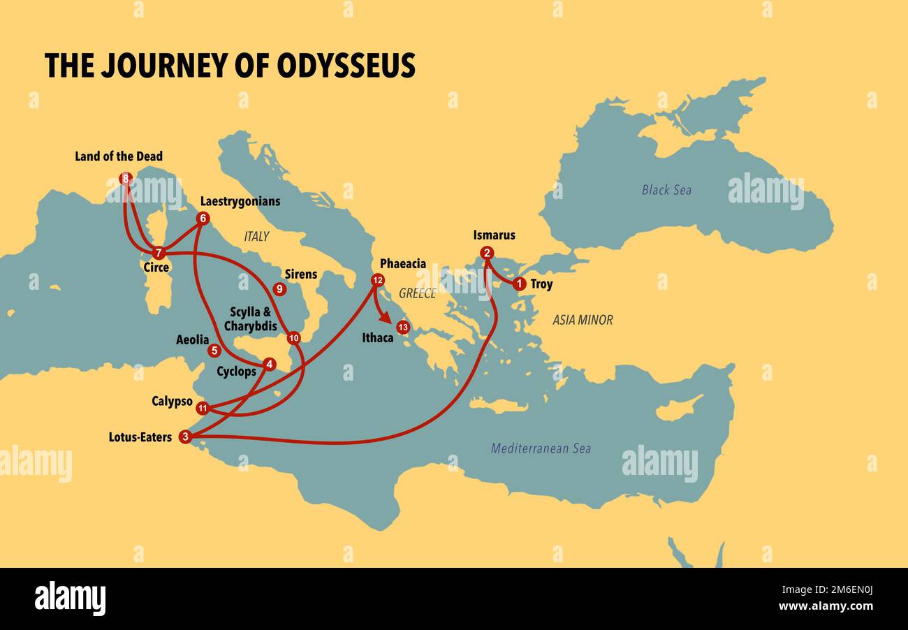 Map with the journey of Odysseus Stock Photo
