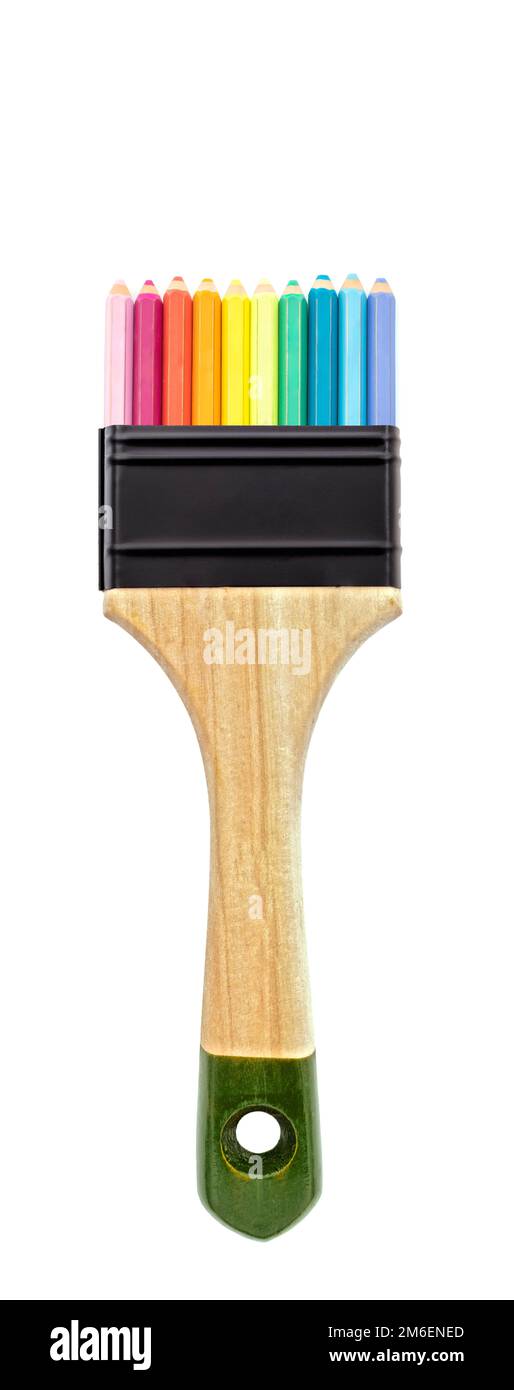 new wooden paint brush with eraser in shaped pencil on white background Stock Photo