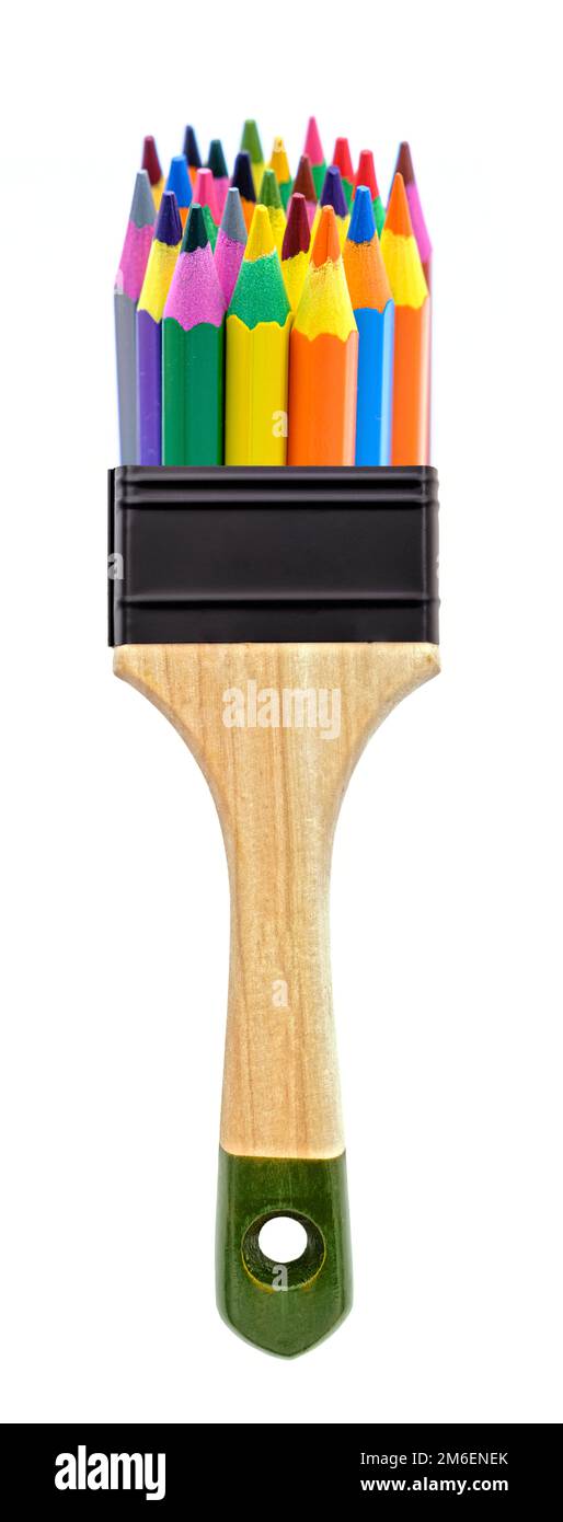 new wooden paint brush with rainbow colored pencils on white background ...