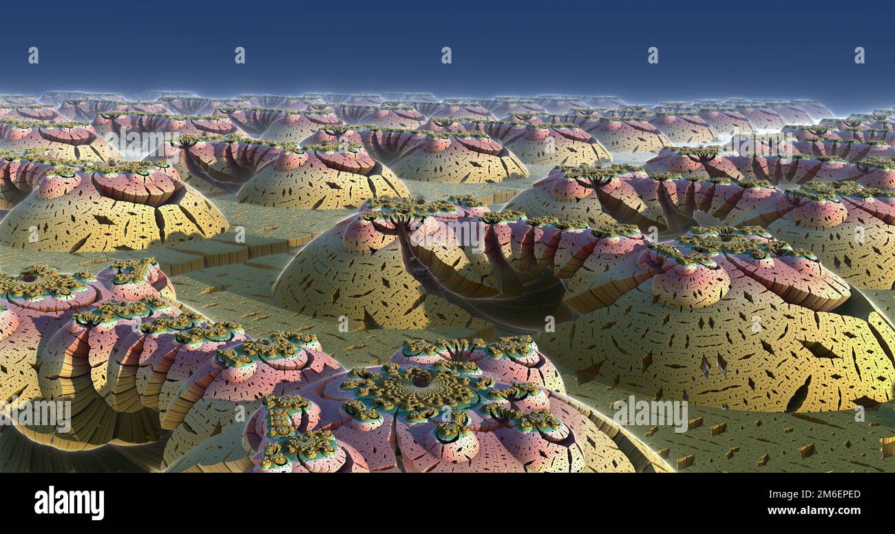 the surface of an alien planet under an alien sun 3d rendering Stock Photo