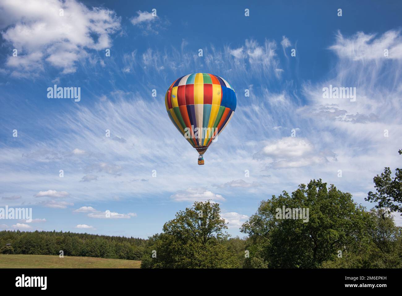 Heather landscape with grasses, hot air balloon and individual trees Stock Photo