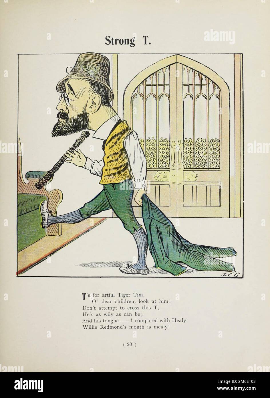 T's for artful Tiger Tim,  O! dear children, look at him!  Don't attempt to cross this T,   He's as wily as can be ;  And his tongue ! compared with Healy  Willie Redmond's mouth is mealy from the satirical book Struwwelpeter alphabet by Harold Begbie, 1871-1929, illustrated by Francis Carruthers Gould, 1844-1925, Published in London : G. Richards in 1900 Stock Photo