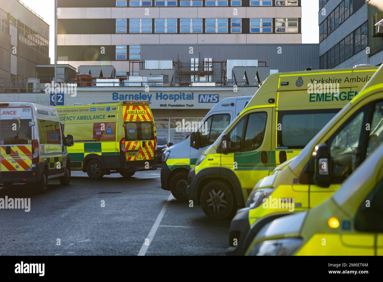 Barnsley hospital accident and emergency - ambulances queueing outside - Barnsley, South Yorkshire, England, UK Stock Photo