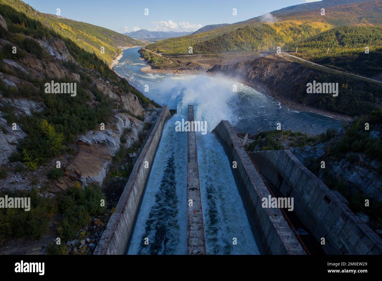 Kolyma hydroelectric power station in Magadan region, Russia. Spillway