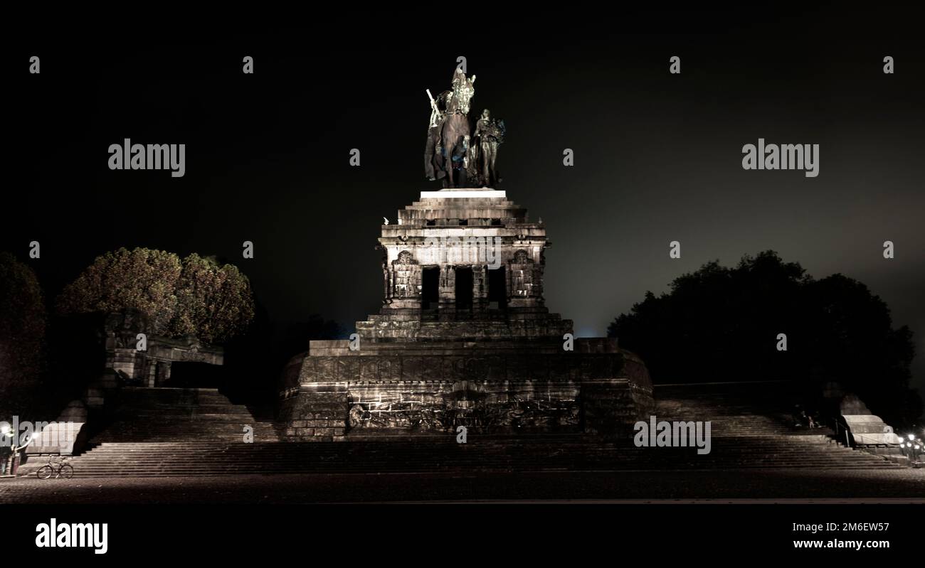 Kaiser Wilhelm memorial by night in the city of Koblenz, Germany Stock Photo