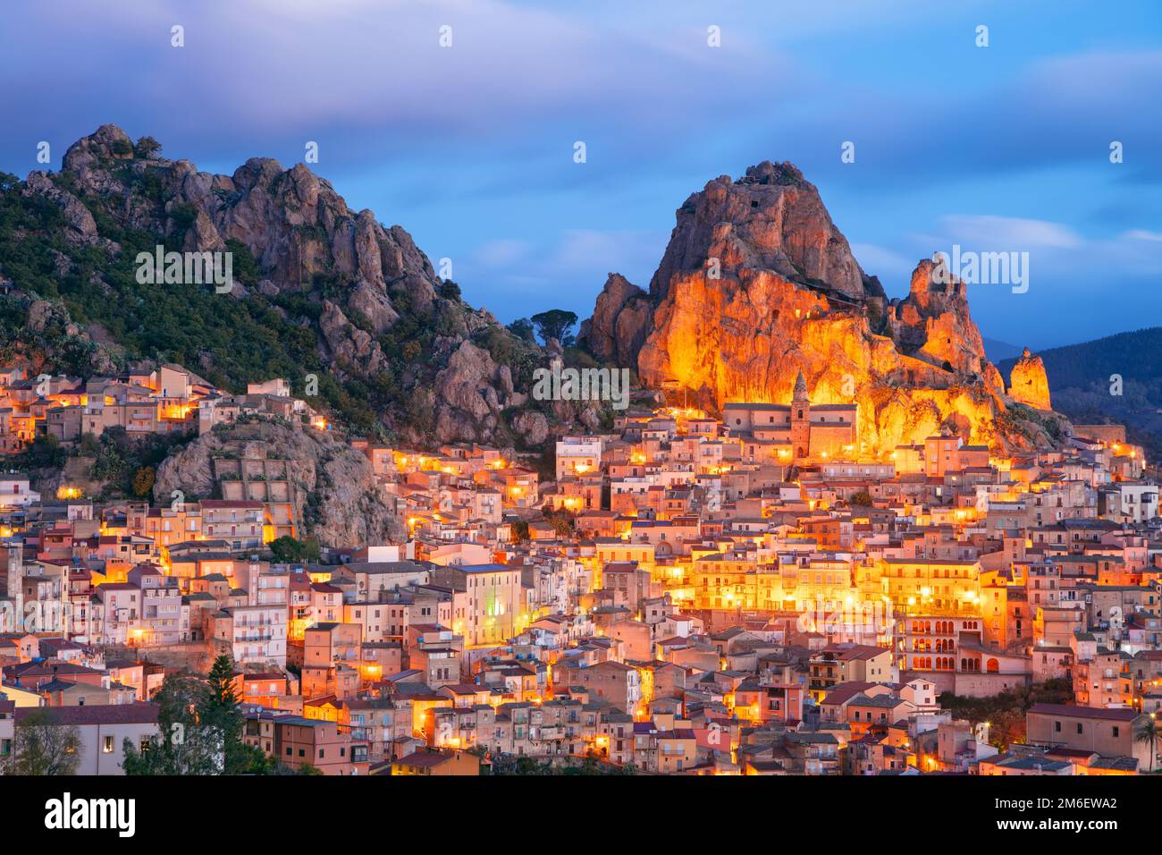 Gagliano Castelferrato, Sicily, Italy. Aerial cityscape image if historic town Gagliano Castelferrato in Sicily at dramatic sunrise. Stock Photo