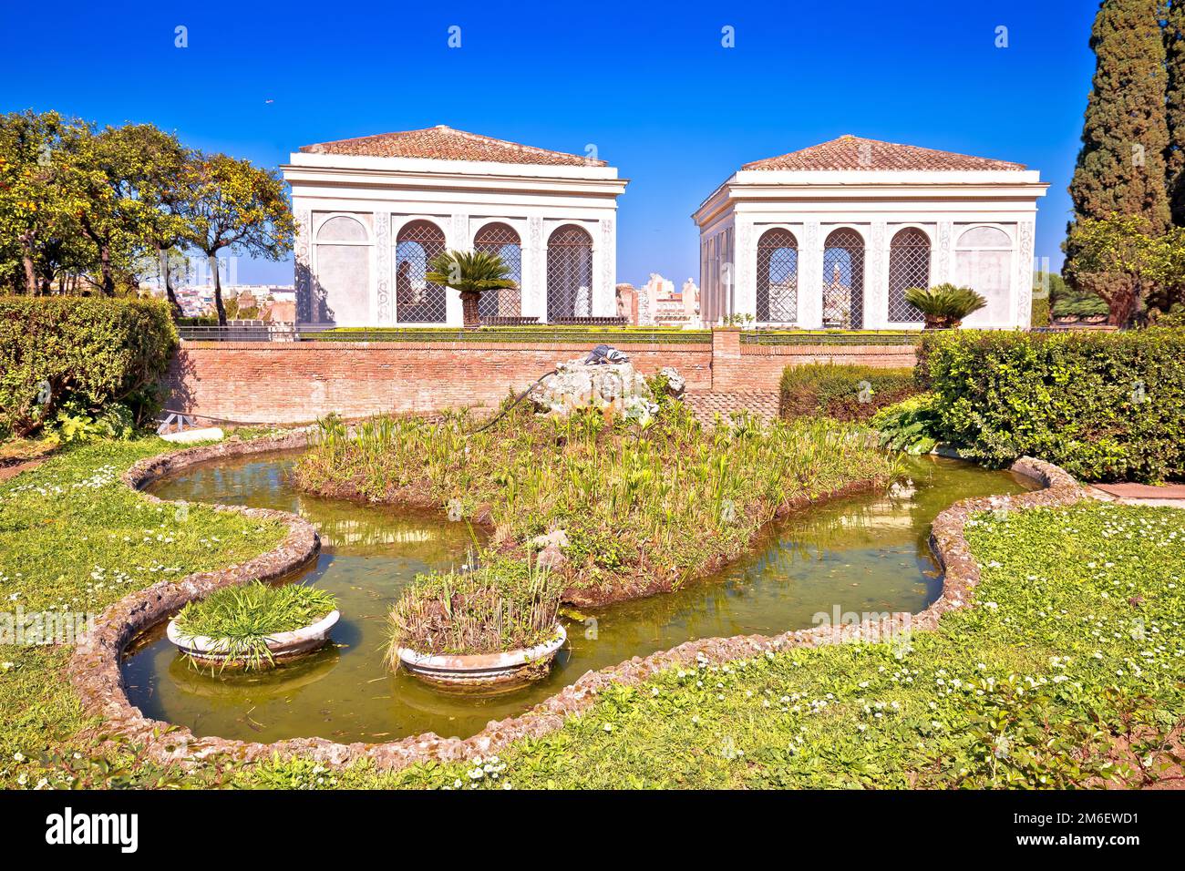 Idyllic park and pond in Forum Romanum historic site in Rome, capital ...