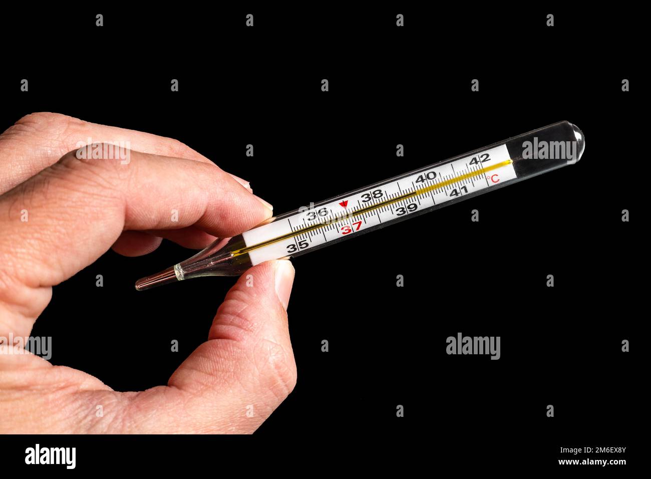 Hand holding a medical thermometer indicating fever against black background Stock Photo