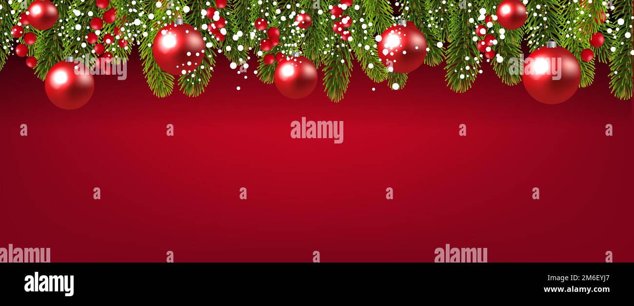 Xmas Fir Tree Border With Holly Berry And Balls Red Background Stock ...