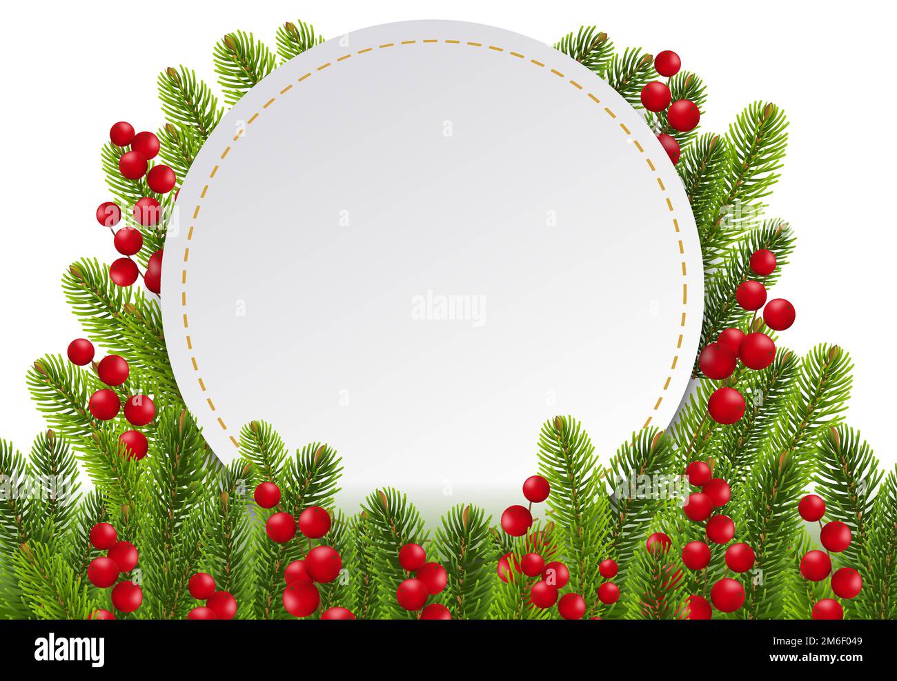 Fir Tree Border With Holly Berry And White Banner Stock Photo - Alamy