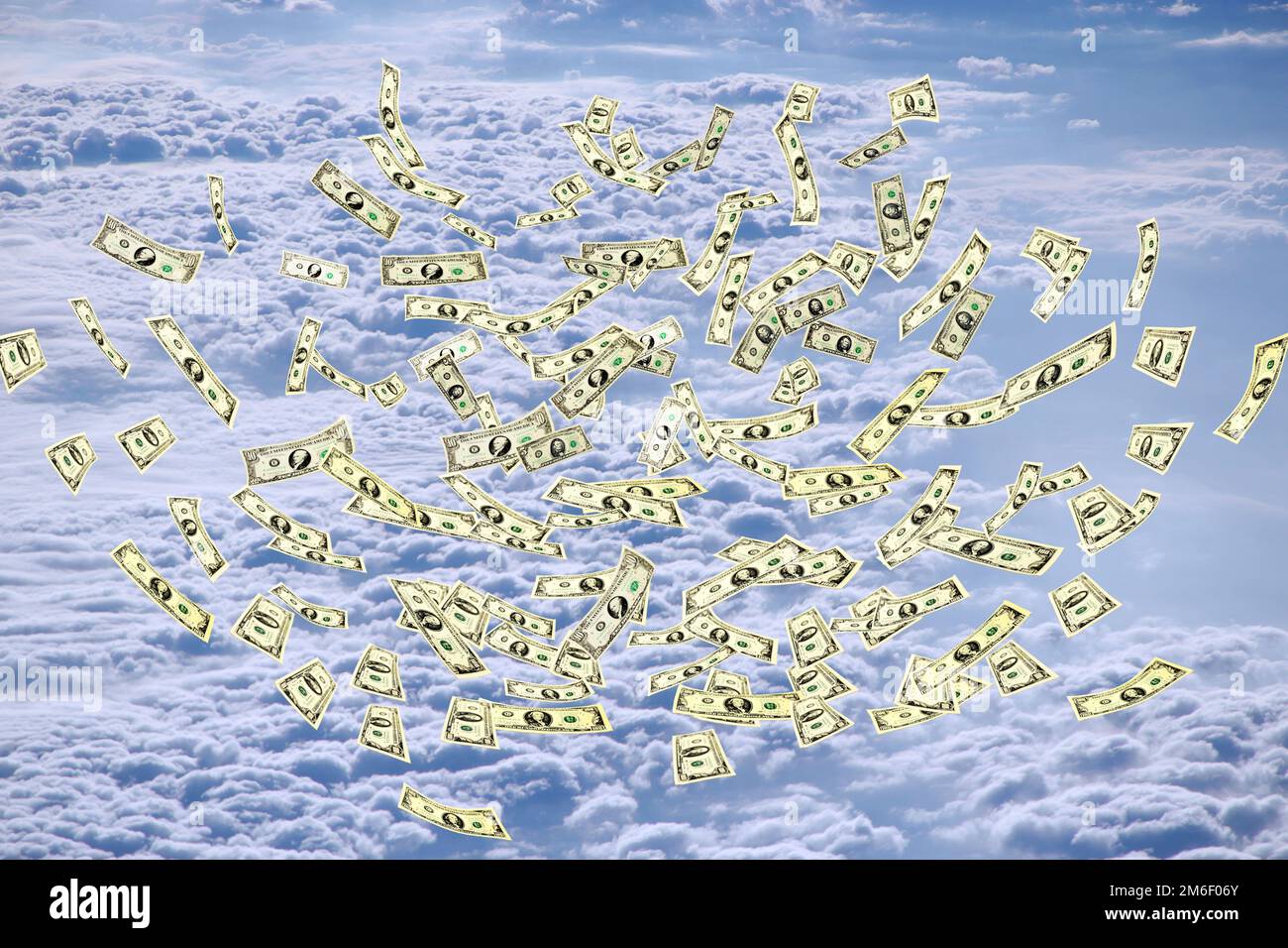 Dollar banknotes flying above white clouds in blue sky. Money in sky