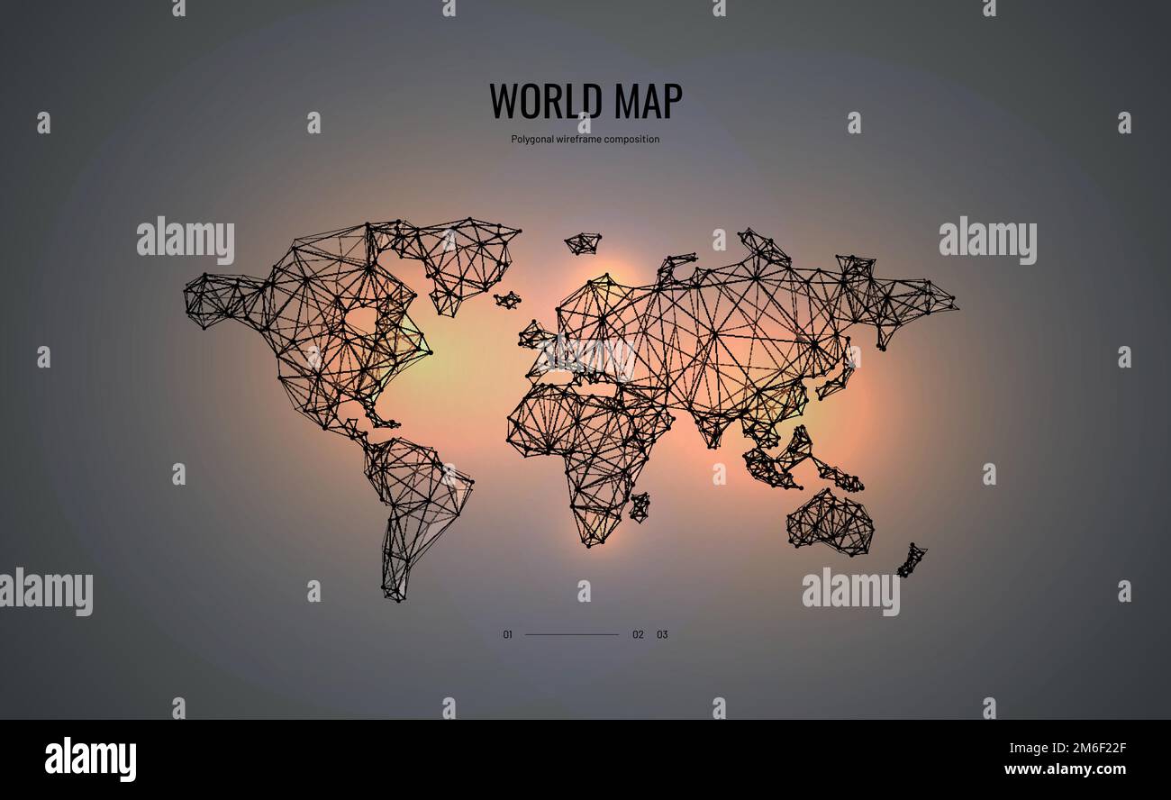 World map. Polygonal wireframe composition. Infografic concept. Abstract illustration isolated on dark background. Particles are connected Stock Vector