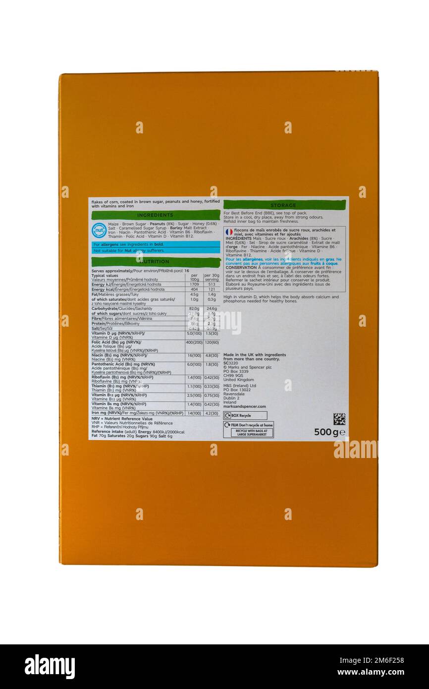 Ingredients list on cereal box Cut Out Stock Images & Pictures Alamy