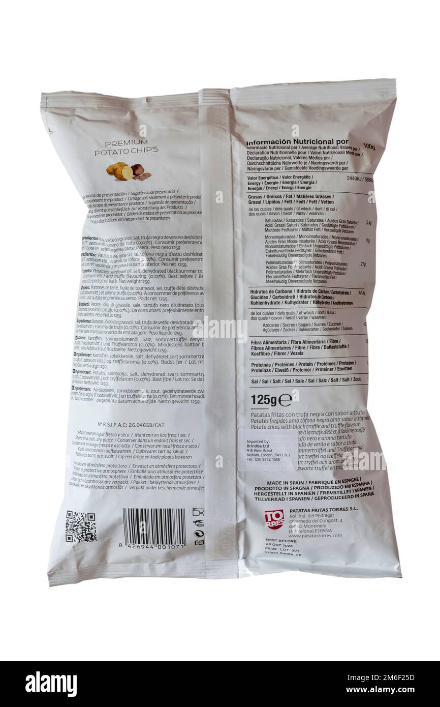 ingredients and nutritional information on back of packet of Torres