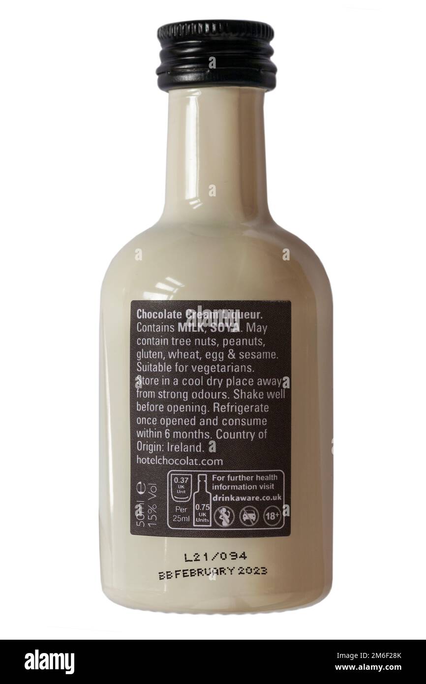 ingredients and storage instructions on back of miniature bottle of