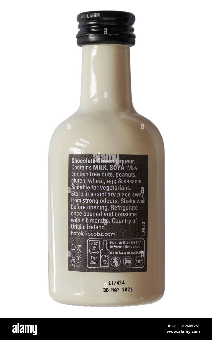 ingredients and storage instructions on back of miniature bottle of