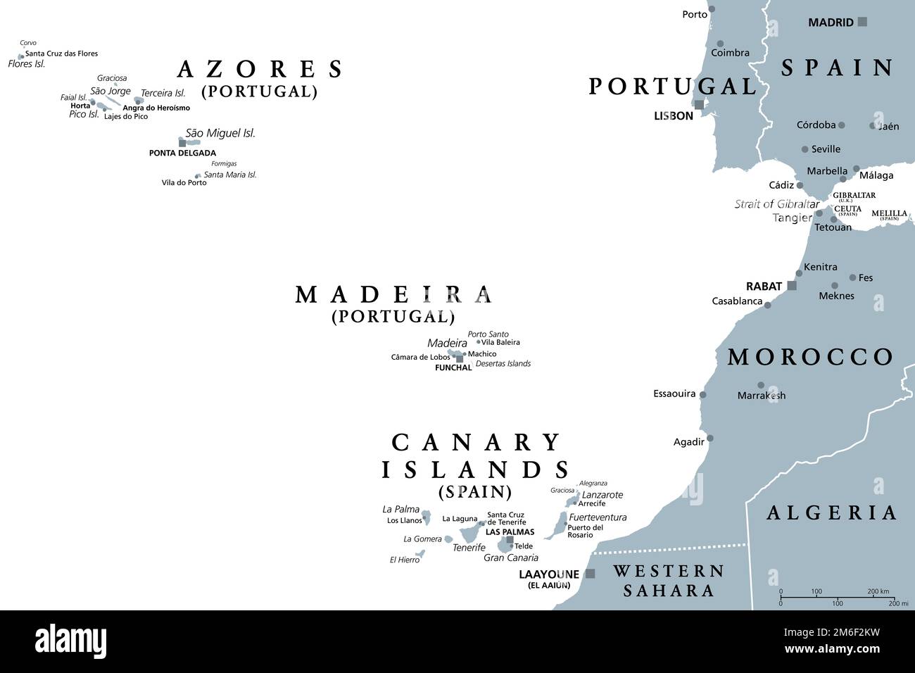 Azores, Madeira, and Canary Islands, gray political map. Autonomous regions of Portugal and Spain, archipelagos of volcanic islands in Macaronesia. Stock Photo