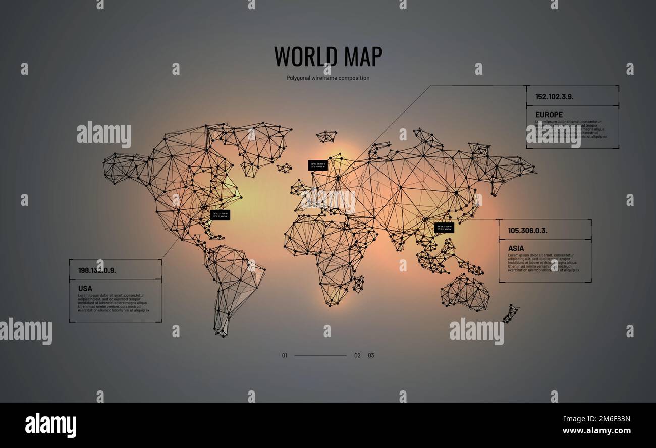 World map. Polygonal wireframe composition. Infografic concept. Abstract illustration isolated on dark background. Particles are connected in a geomet Stock Vector