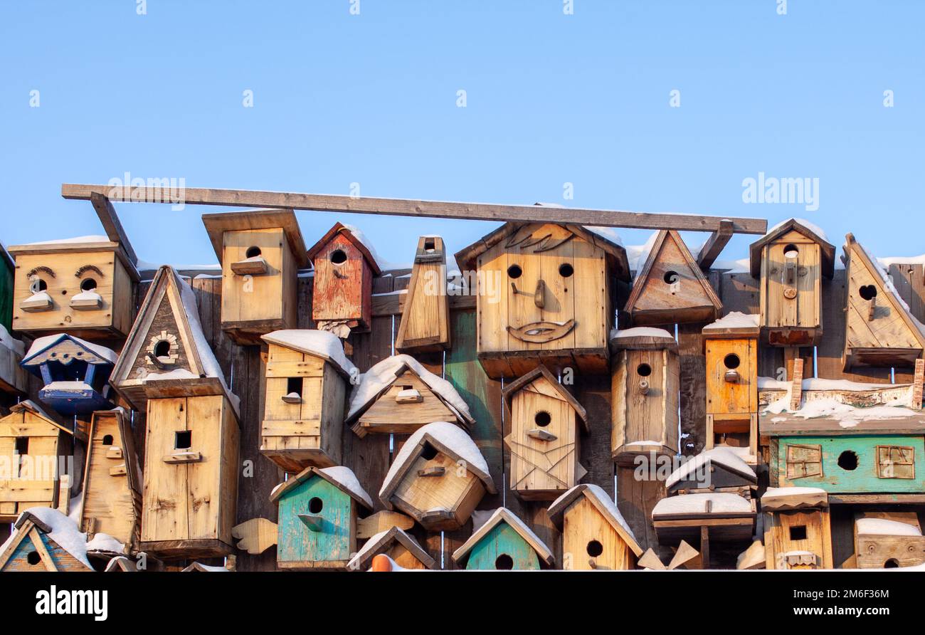 Many different forms of bird feeders.Birdhouses hang on a wooden fence Stock Photo Alamy