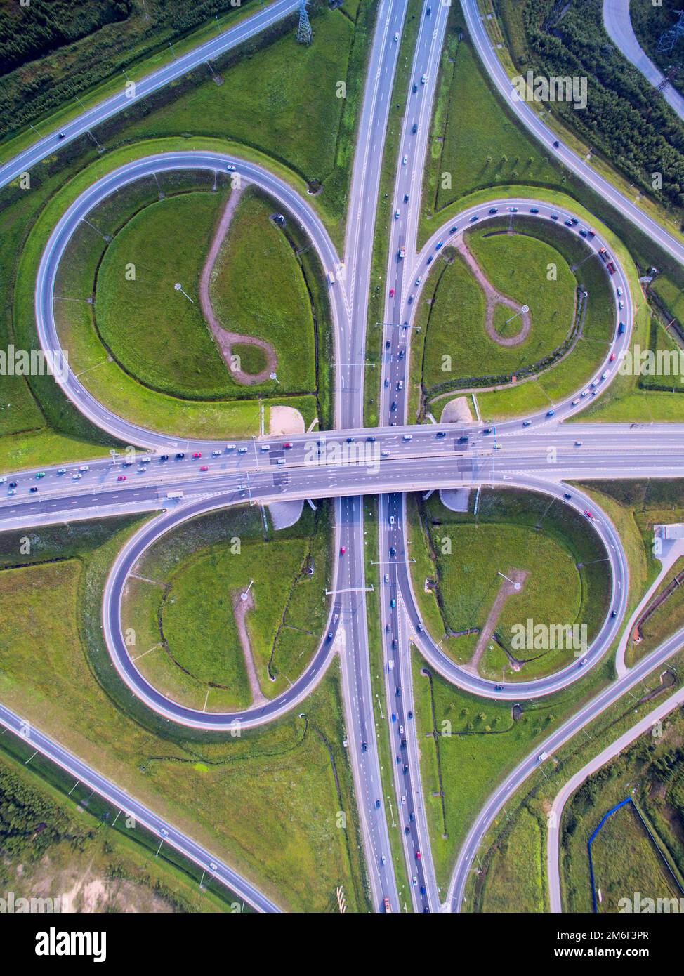 Ring fork of the roads is a view from above. Safe traffic. Stock Photo