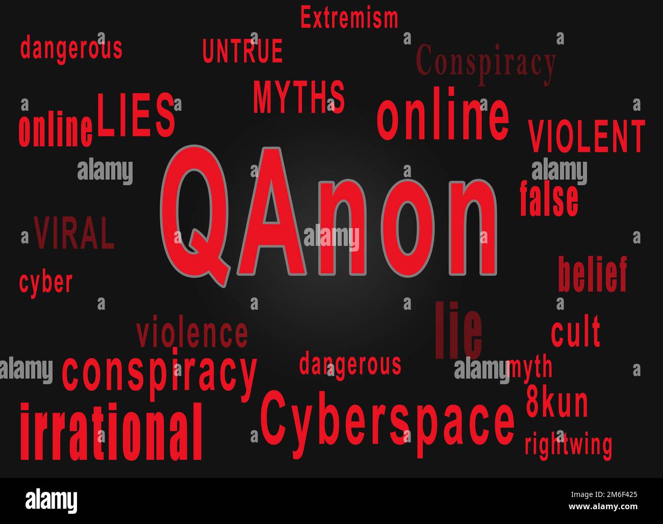 QAnon word cloud text describing the rightwing extremist conspiracy theory Stock Photo