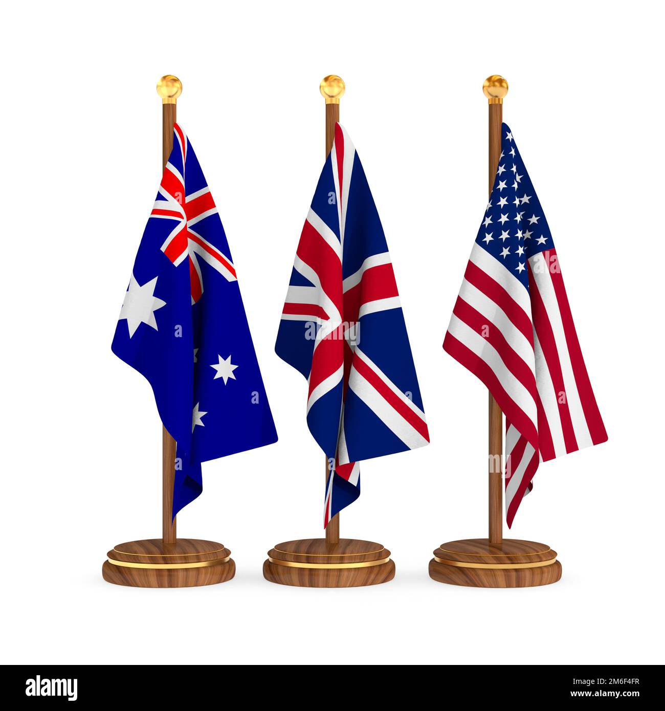 American, Australian and Britain flag on white background. Isolated 3D