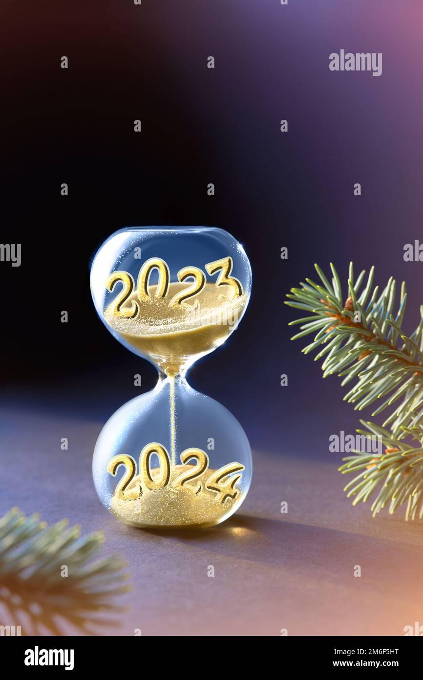 End Of The Year 2023 Silverster New Year 2024 Hourglass On Light Purple Paper Hourglass Is Also Known As Sandglass Sand Timer Or Sand Clock 2M6F5HT 