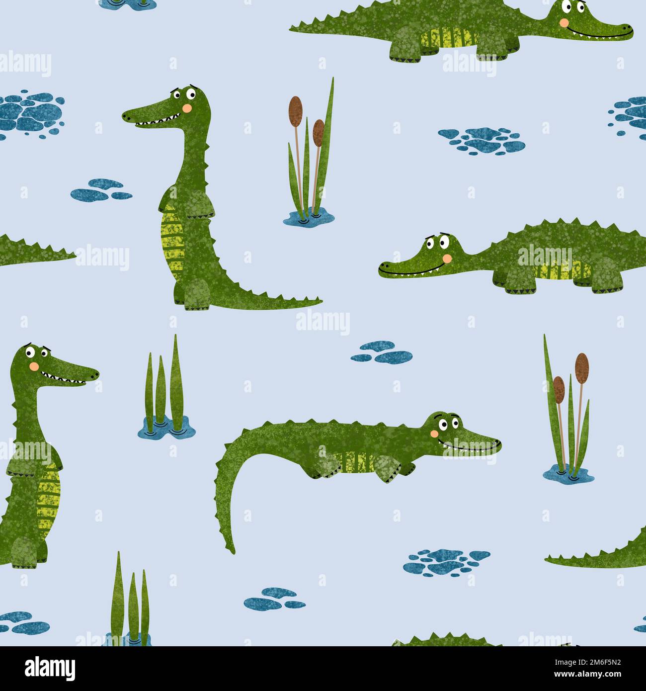 Funny crocodile seamless pattern. Textured hand drawn illustration with cute wild animals, water and plants on light blue background Stock Photo