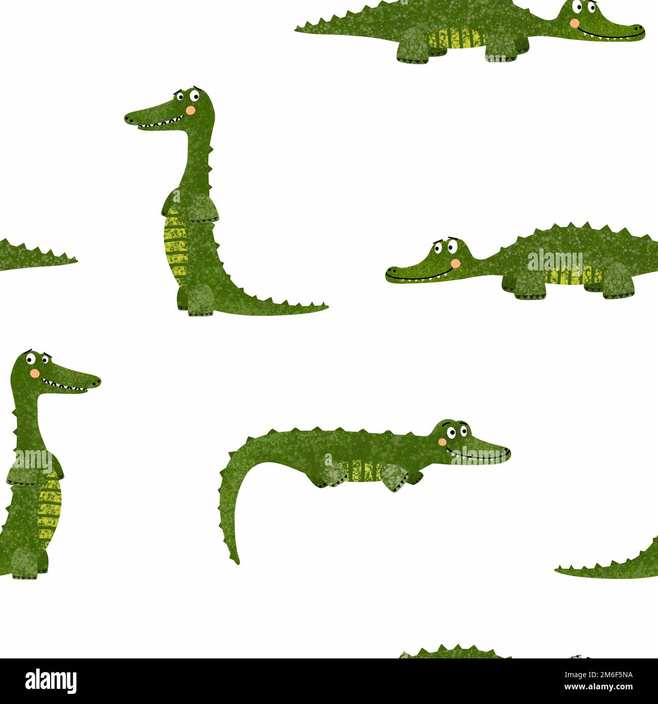 Crocodile seamless pattern with cute textured animals on white background. Raster illustration for fabric, packaging, textile, apparel, wallpaper. Stock Photo