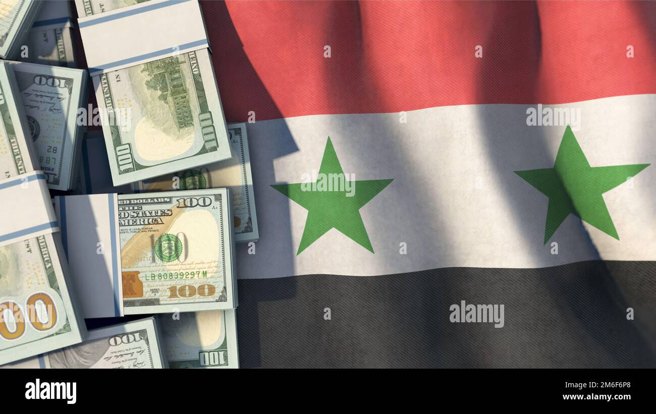 US Dollar bills on Syria flag Stock Photo