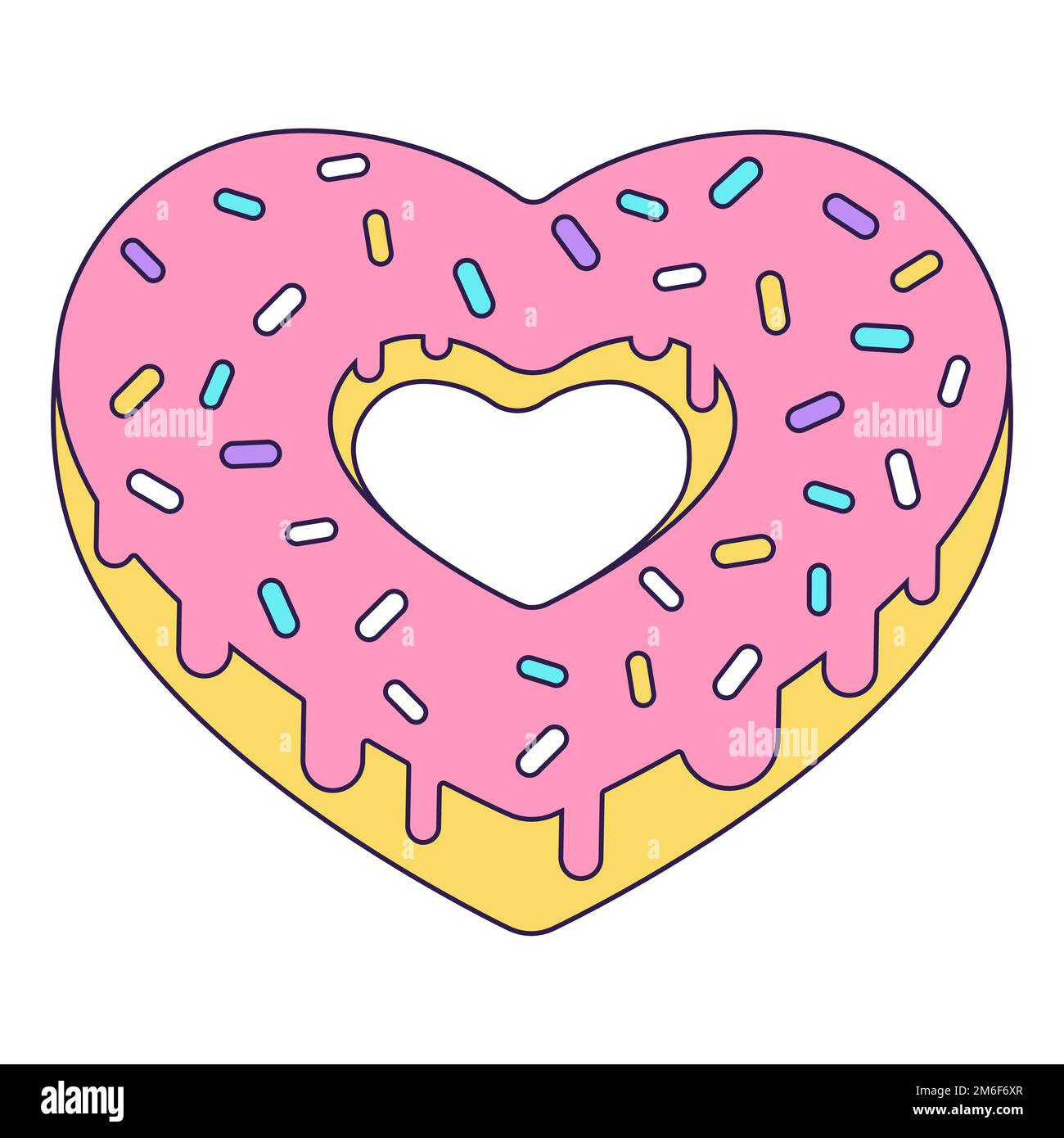 Cartoon Valentine Day icon donut heart of heart shape. Love symbol in the fashionable line art style. The sweet chocolate hearts are soft pink, red Stock Vector