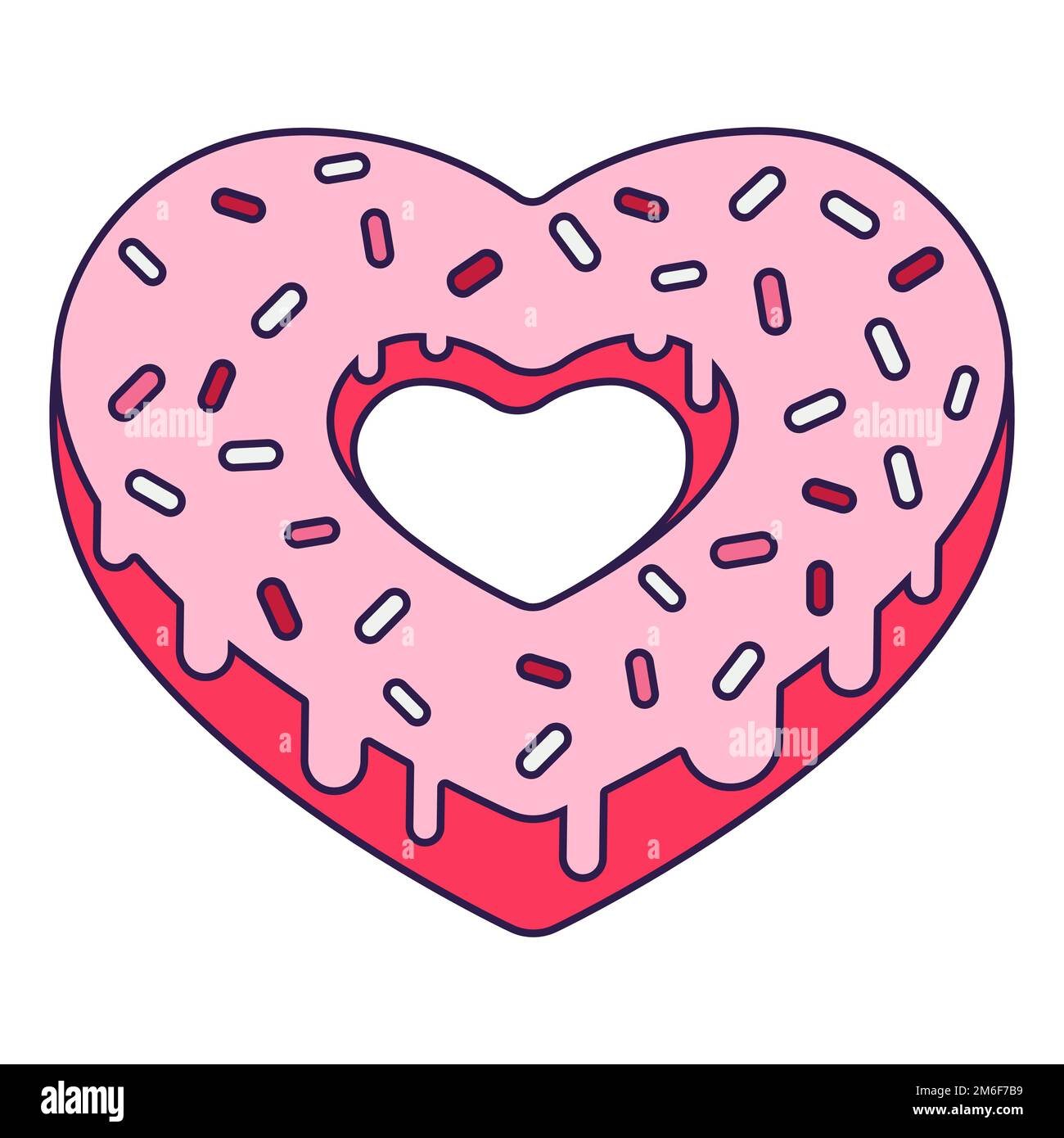 Retro Valentine Day icon donut heart of heart shape. Love symbol in the fashionable pop line art style. The sweet chocolate hearts are soft pink, red Stock Vector