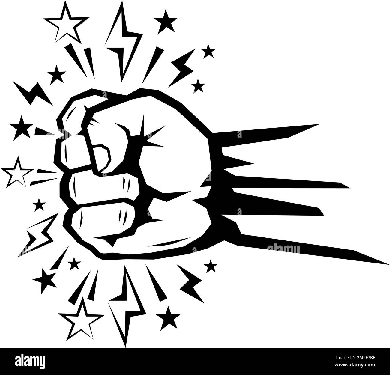 Powerful fist strike with comic lightning and stars. Cartoon protest symbol. Flat design, vector on transparent background Stock Vector