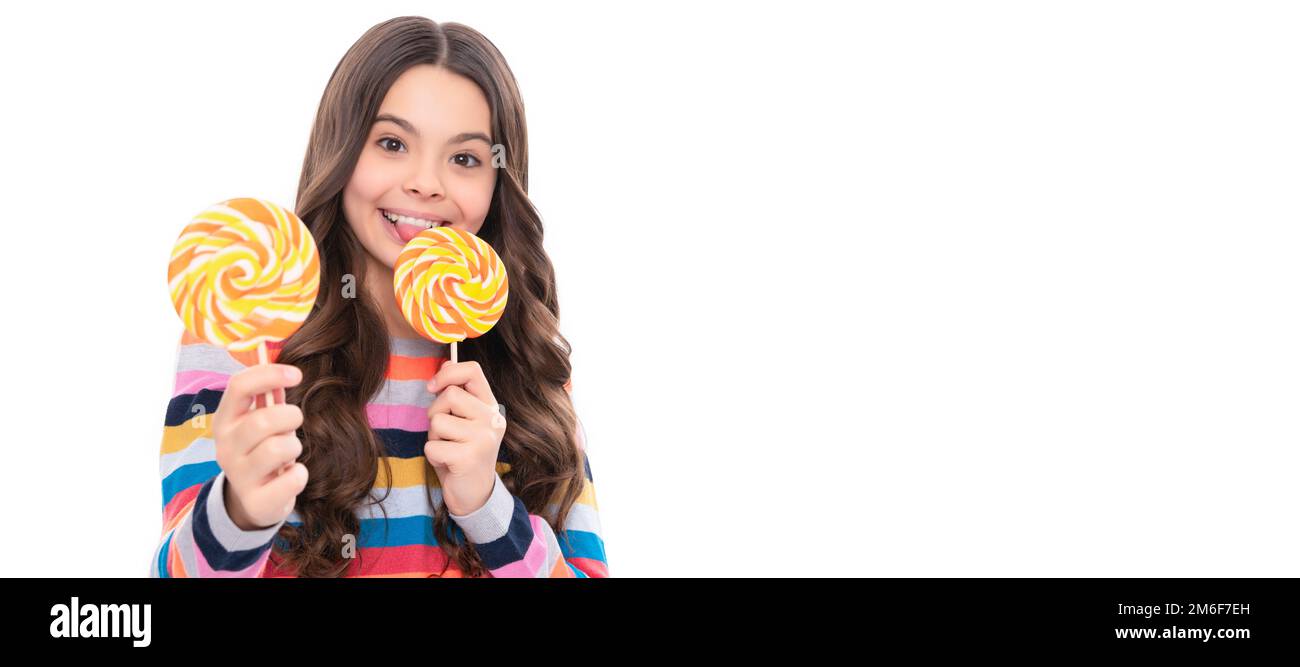 try this. caramel candy shop. childhood. teen dental care. sweet tooth. yummy. Teenager child with sweets, poster banner header, copy space. Stock Photo
