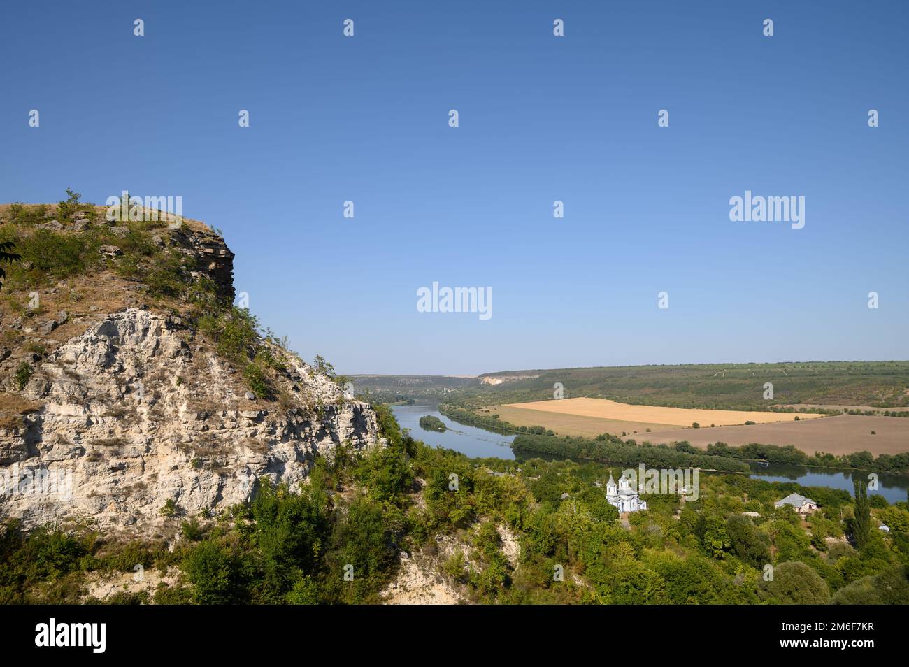 View to Socola village and Dniester river from the high cliff, Moldova Stock Photo