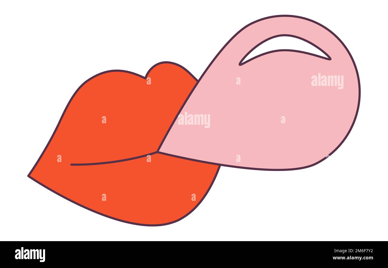 Retro 70s Groovy Hippie sticker lip bubblegum. Psychedelic cartoon element -funky illustration in vintage hippy style. Vector flat illustration for Stock Vector