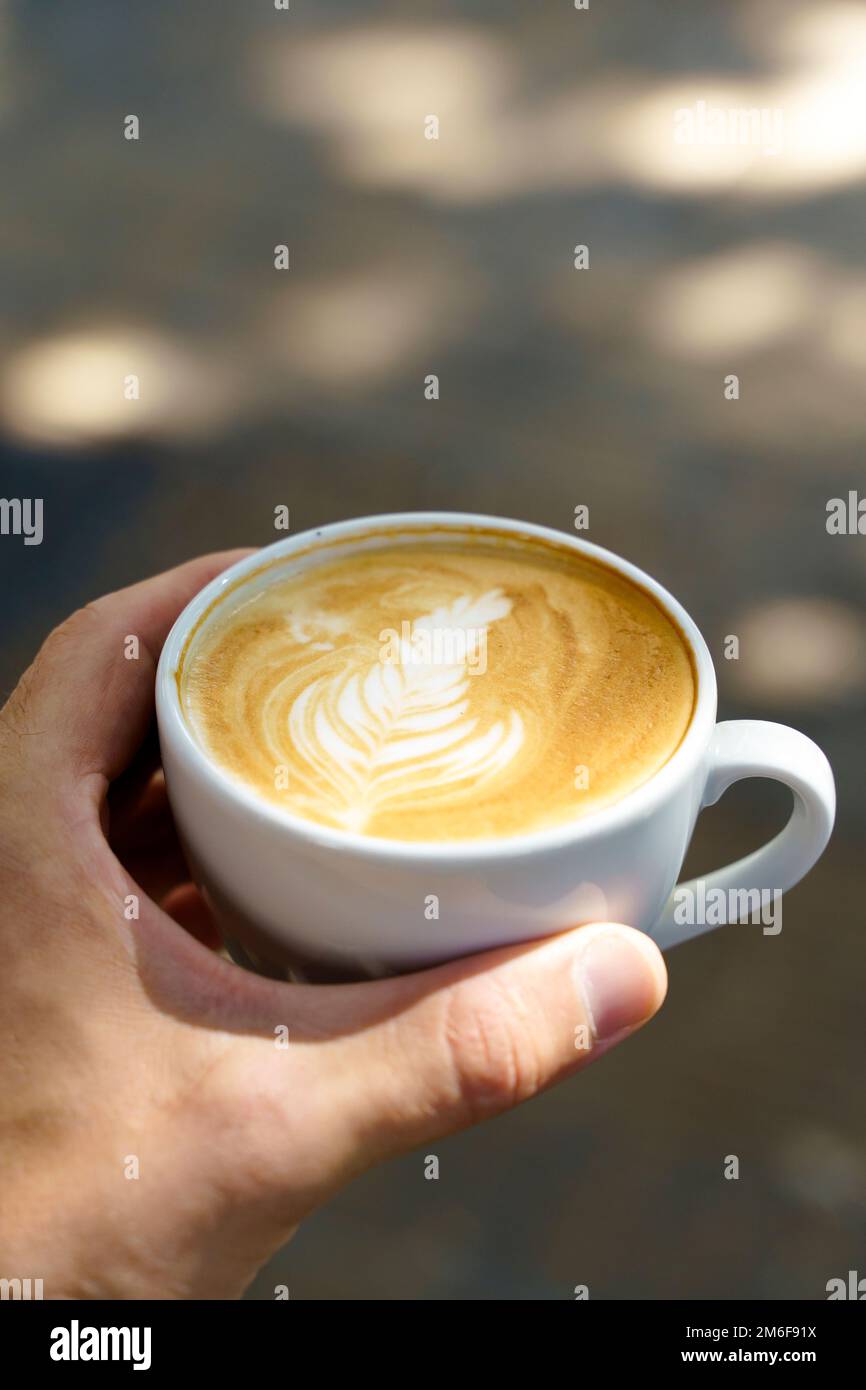 Cup of cappuccino in hand. White cup with hot coffee drink on the background of the morning summer street. Coffee, drink, morning concept. High quality photo Stock Photo