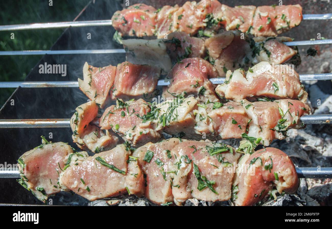 Closeup of marinated meat roasted on a metal skewer in the open, on a summer day, the smoke from the coals, the concept of a pic Stock Photo