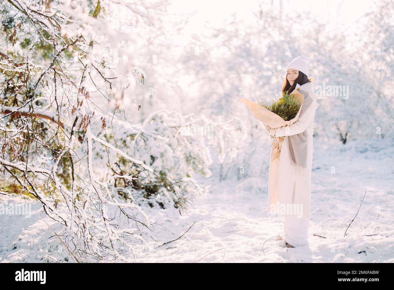 Happy young woman walks in forest among snow covered trees in sunny winter day with bouquet from pine branches in her hands. Stock Photo