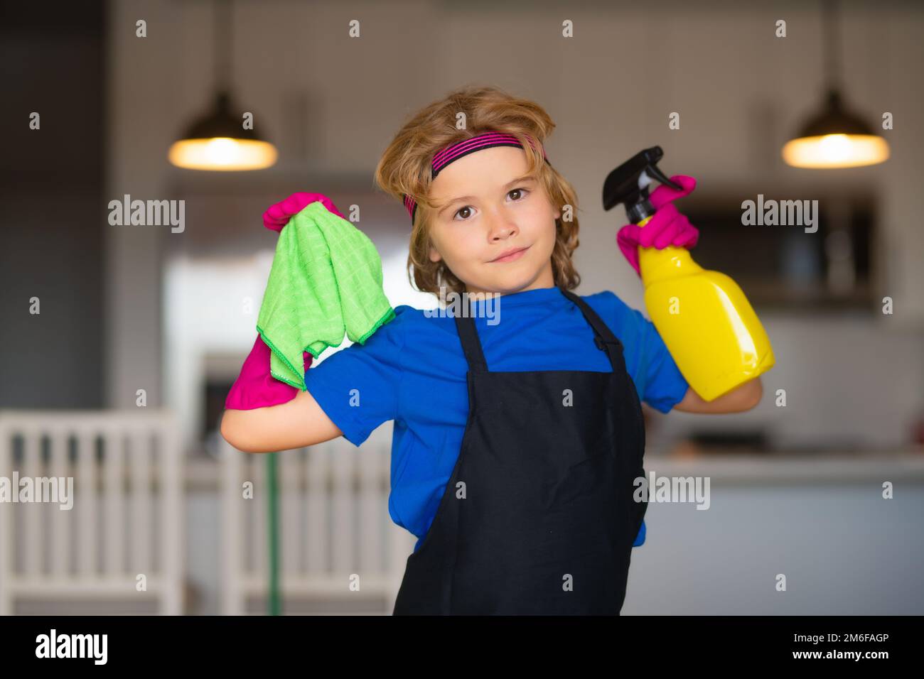 Kid helping with housework, cleaning the house. Housekeeping and home ...