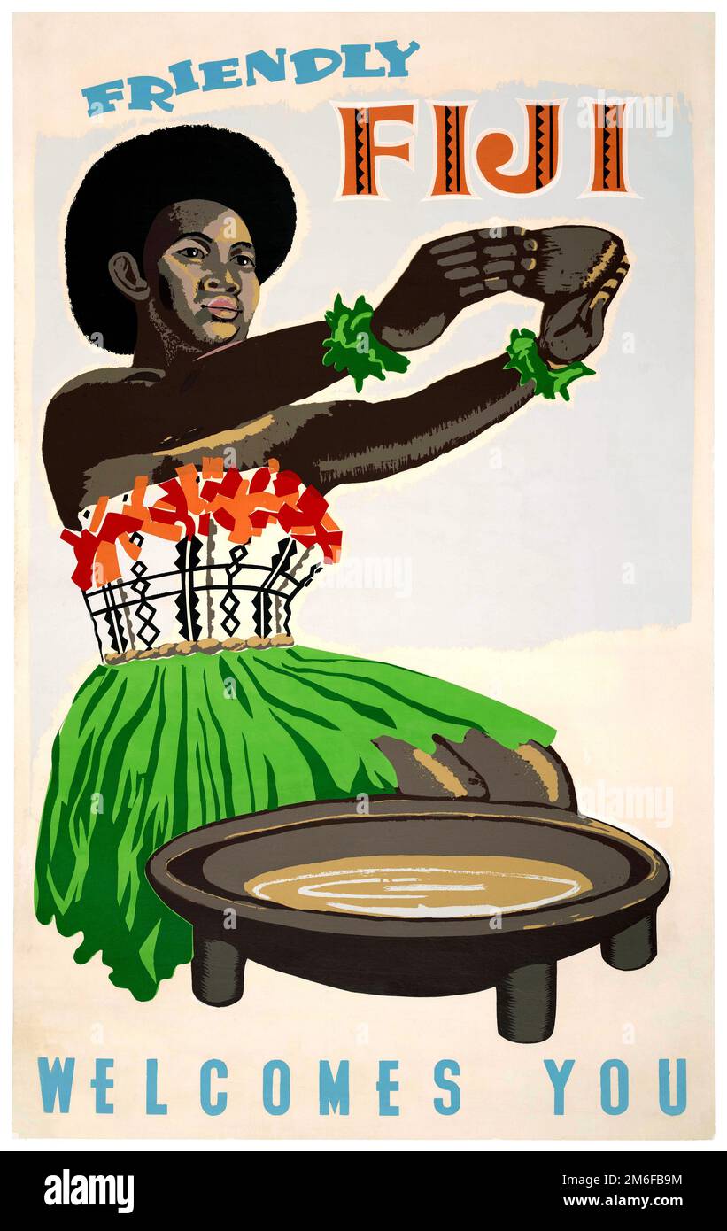 Friendly Fiji welcomes you. Artist unknown. Poster published ca. 1950 in the USA. Stock Photo