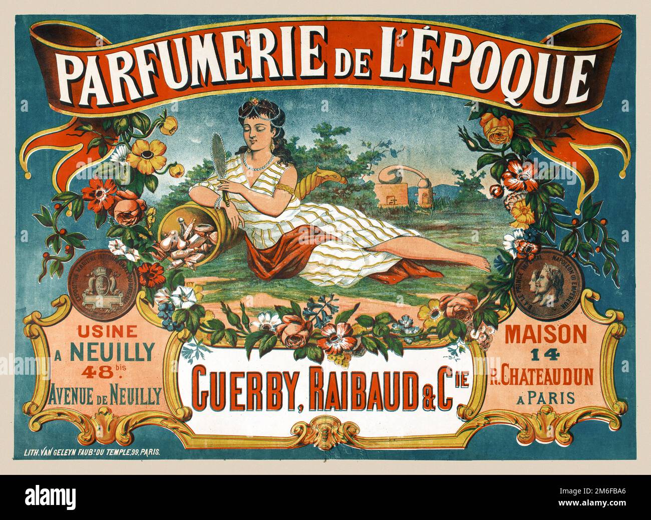 Parfumerie de l'Epoque. Guerby, Raibaud et Cie. Artist unknown. Poster published in 1972 in France. Stock Photo