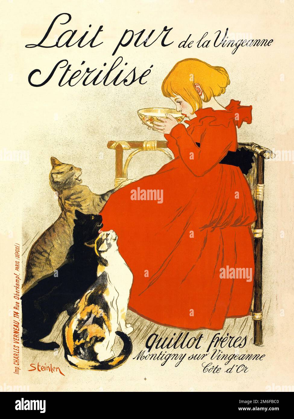 Lait pur de la Vingeanne stérilisé. by Théophile Alexandre Steinlen (1859-1923). Poster published in 1894 in France. Stock Photo