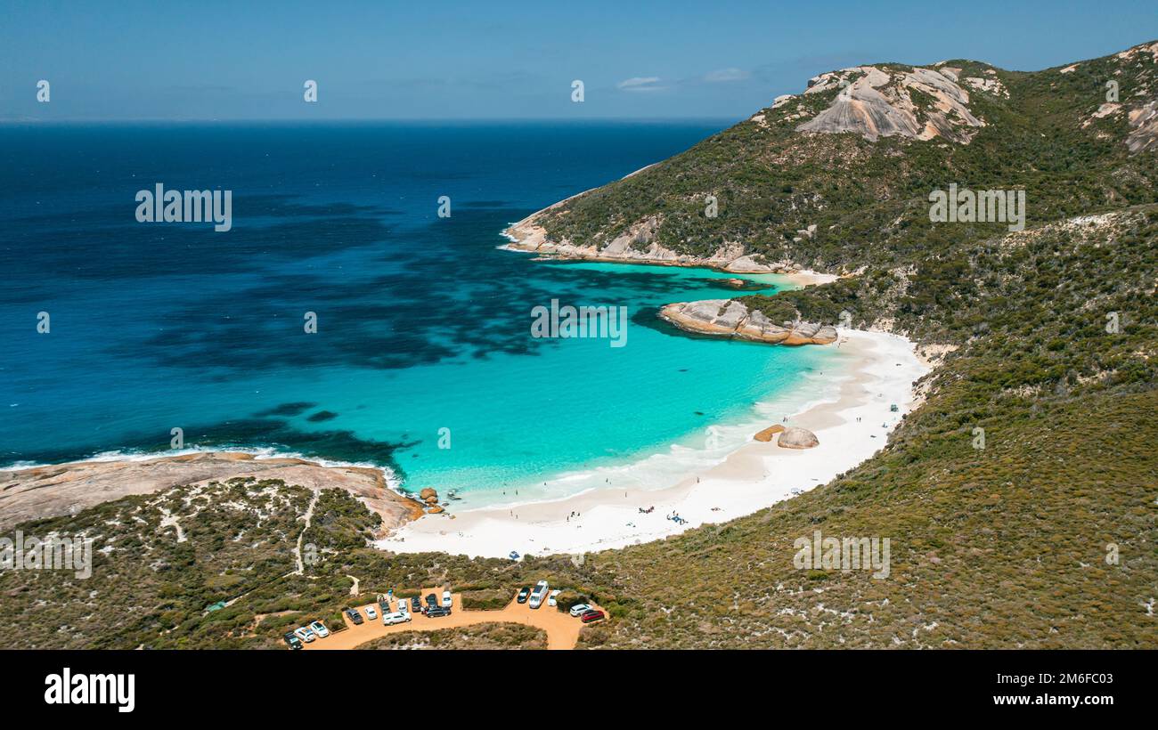 Aerial shot of turquoise colour water, little beach, and car park in Two Peoples Bay, Albany, Western Australia Stock Photo