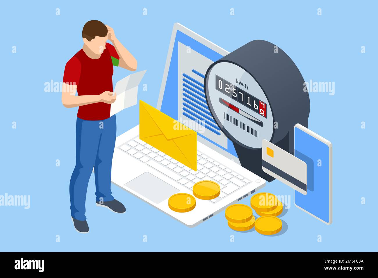 Isometric invoice and electricity meter. Utility bills payment