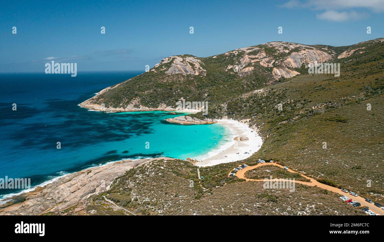 Aerial shot of beautiful turquoise colour water, little beach, and mountain in Two Peoples Bay, Albany, Western Australia Stock Photo
